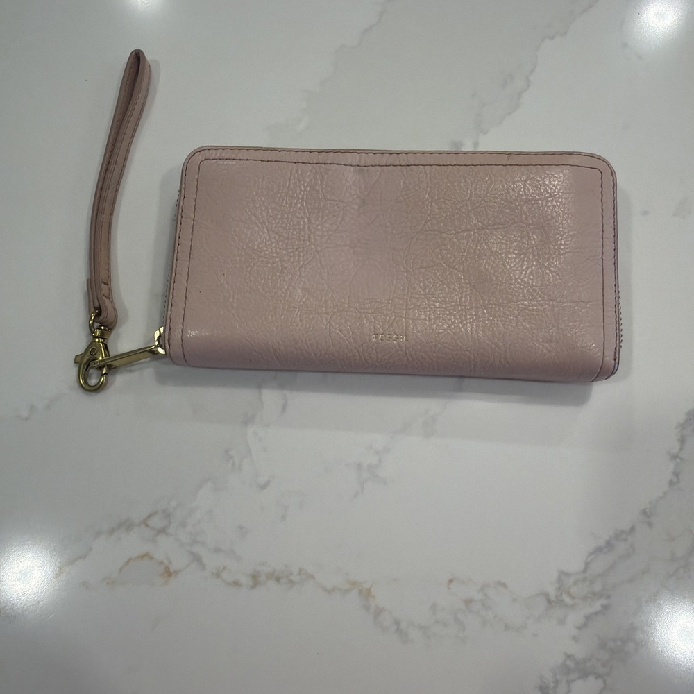 Fossil Logan Zip-Around Clutch Wallet Women OS Pink Excellent RFID Leather